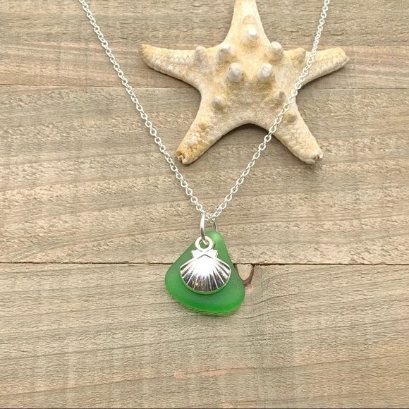 Hand Crafted Jewelry - Shell And Sea Glass Charm Necklace| Green Seaglass Pendant| Beach Jewelry Gift